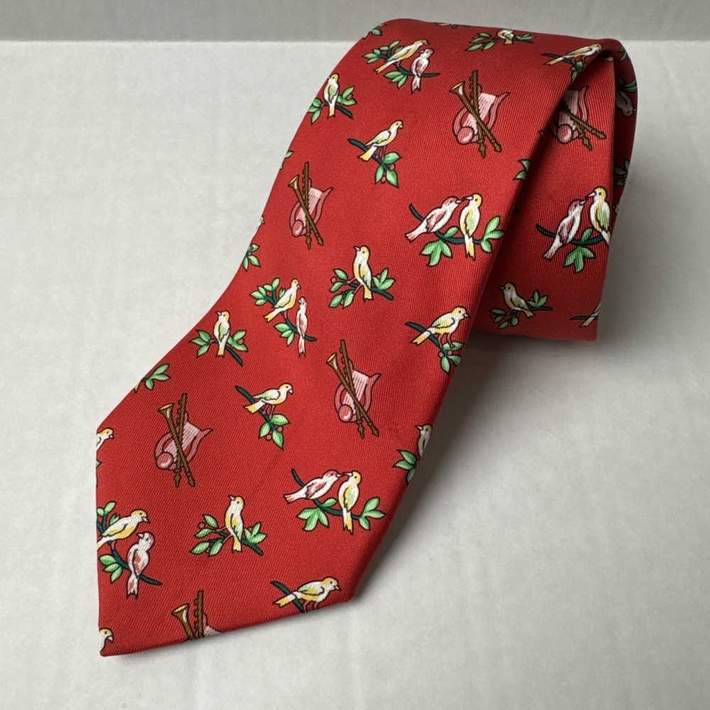 VTG Hermes Silk Tie Red Birds & Hunting Horn Novelty Print France 7593 SA Mens